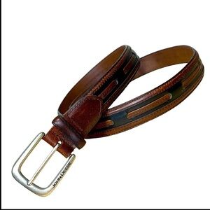 John Deer Top Grain Leather Belt Sz 44 Brown Black Silver Buckle Ranch Western